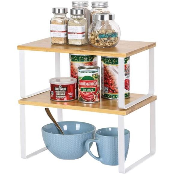 Bamboo Kitchen Cabinet and Counter Shelf Organizer,  White and Natural - Picture 6 of 6